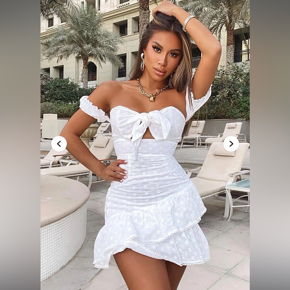 Fashion Nova Elegant White Eyelet Off-Shoulder mini dress.